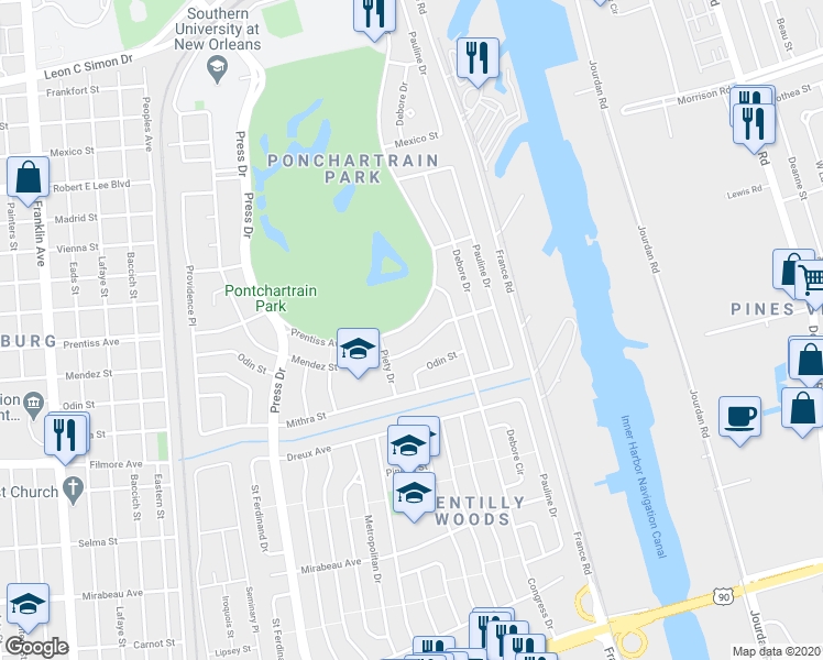 map of restaurants, bars, coffee shops, grocery stores, and more near 4710 Prentiss Avenue in New Orleans