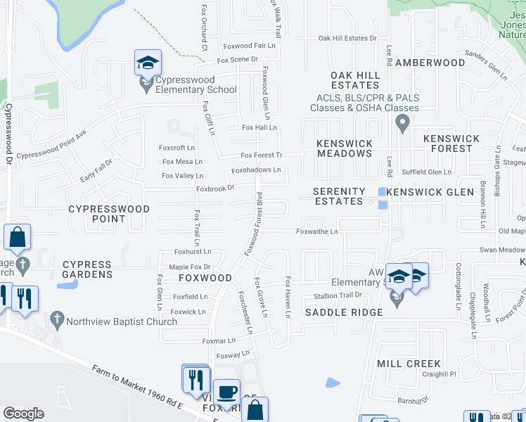 map of restaurants, bars, coffee shops, grocery stores, and more near 7303 Foxport Lane in Humble