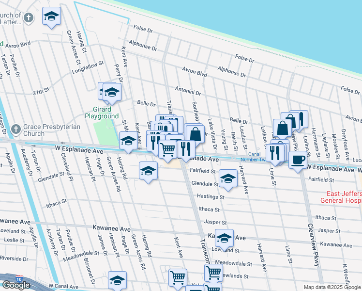 map of restaurants, bars, coffee shops, grocery stores, and more near 4420 Conlin Street in Metairie