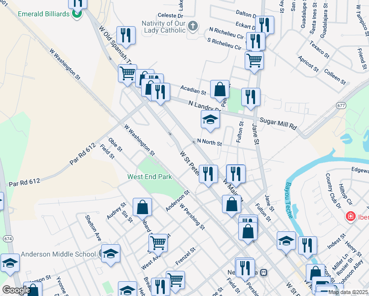 map of restaurants, bars, coffee shops, grocery stores, and more near 121 North North Street in New Iberia