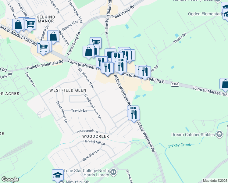 map of restaurants, bars, coffee shops, grocery stores, and more near 21021 Aldine Westfield Road in Humble
