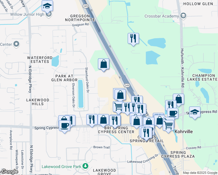 map of restaurants, bars, coffee shops, grocery stores, and more near 22803 Texas 249 Access Road in Tomball