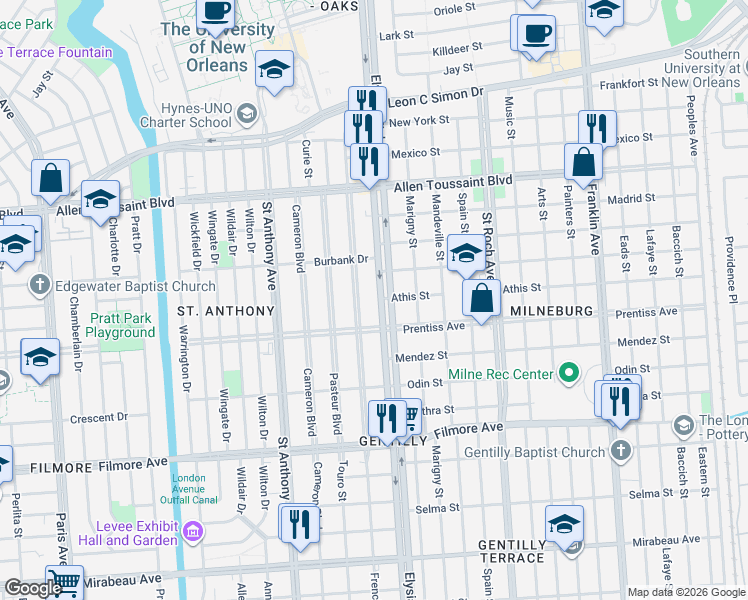 map of restaurants, bars, coffee shops, grocery stores, and more near 5759 Vermillion Boulevard in New Orleans