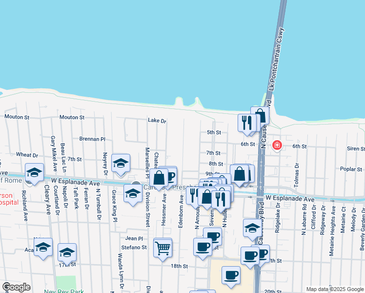 map of restaurants, bars, coffee shops, grocery stores, and more near 3824 Edenborn Avenue in Metairie