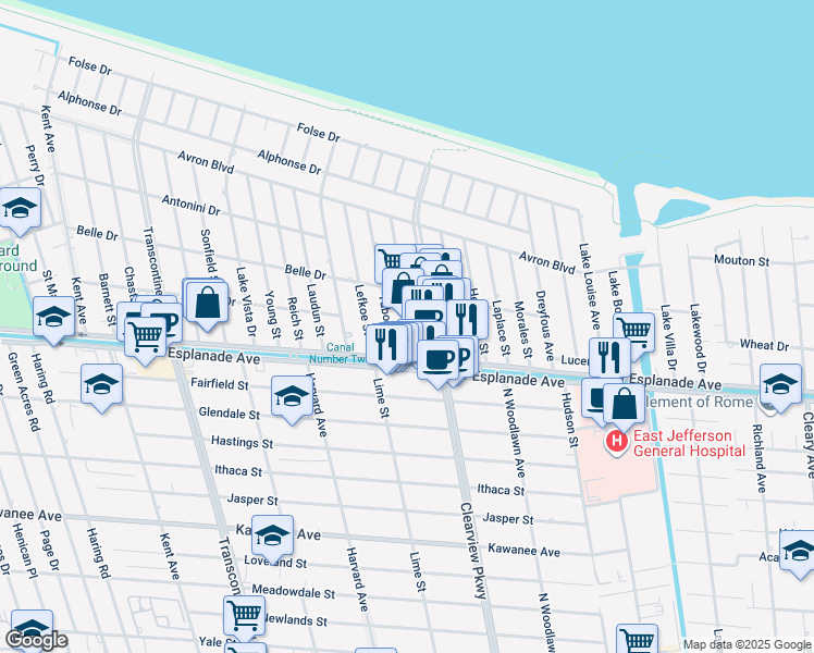 map of restaurants, bars, coffee shops, grocery stores, and more near 4505 Shores Drive in Metairie
