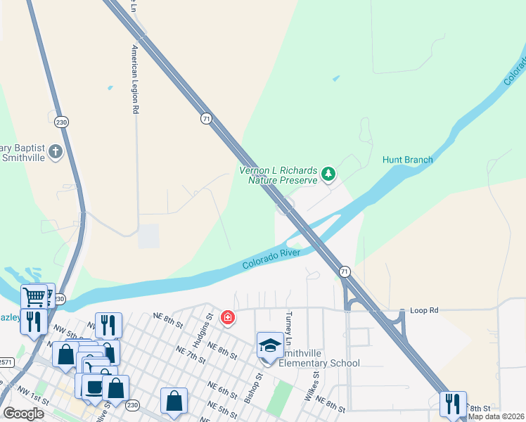 map of restaurants, bars, coffee shops, grocery stores, and more near in Smithville