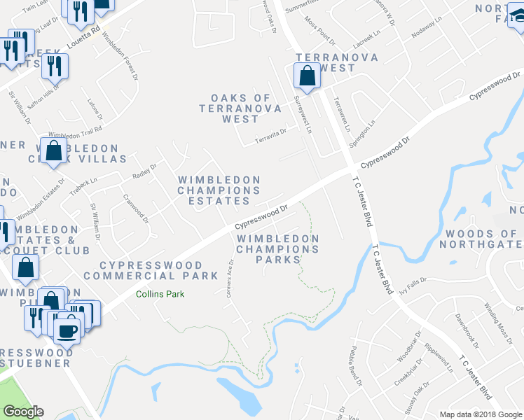map of restaurants, bars, coffee shops, grocery stores, and more near 6239 Agassi Ace Court in Spring