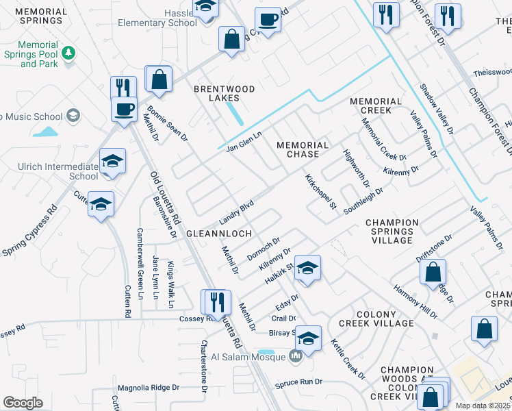 map of restaurants, bars, coffee shops, grocery stores, and more near 9503 Landry Boulevard in Spring