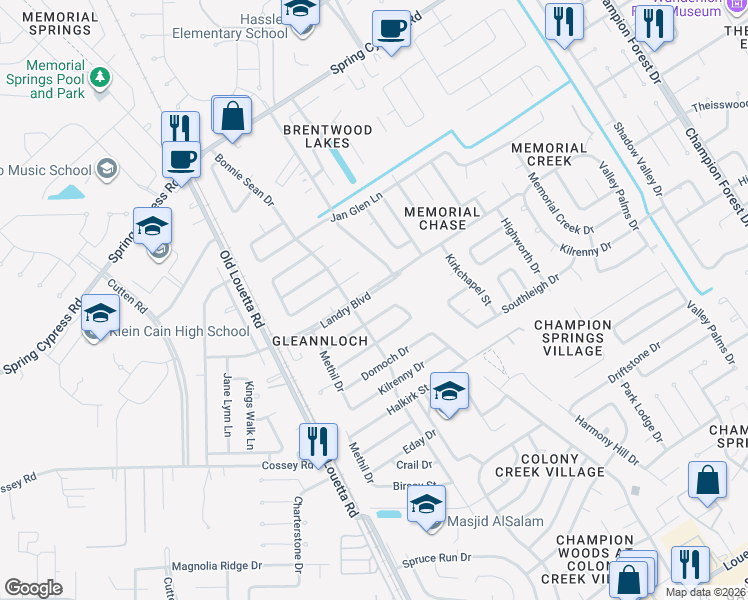 map of restaurants, bars, coffee shops, grocery stores, and more near 9519 Landry Boulevard in Spring