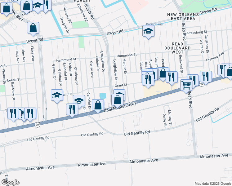 map of restaurants, bars, coffee shops, grocery stores, and more near 4466 Perrault Walk in New Orleans