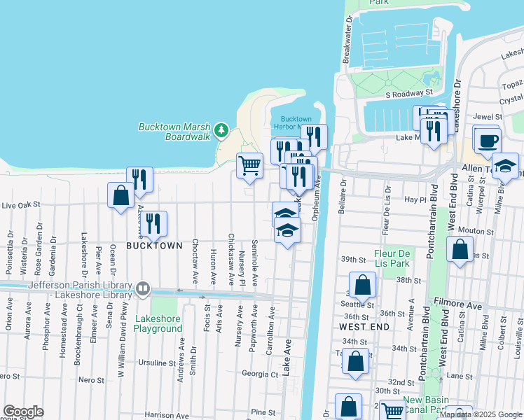 map of restaurants, bars, coffee shops, grocery stores, and more near 1450 Seminole Avenue in Metairie