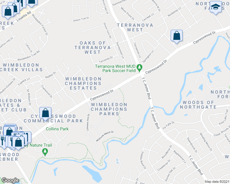 map of restaurants, bars, coffee shops, grocery stores, and more near 6214 Sampras Ace Court in Spring