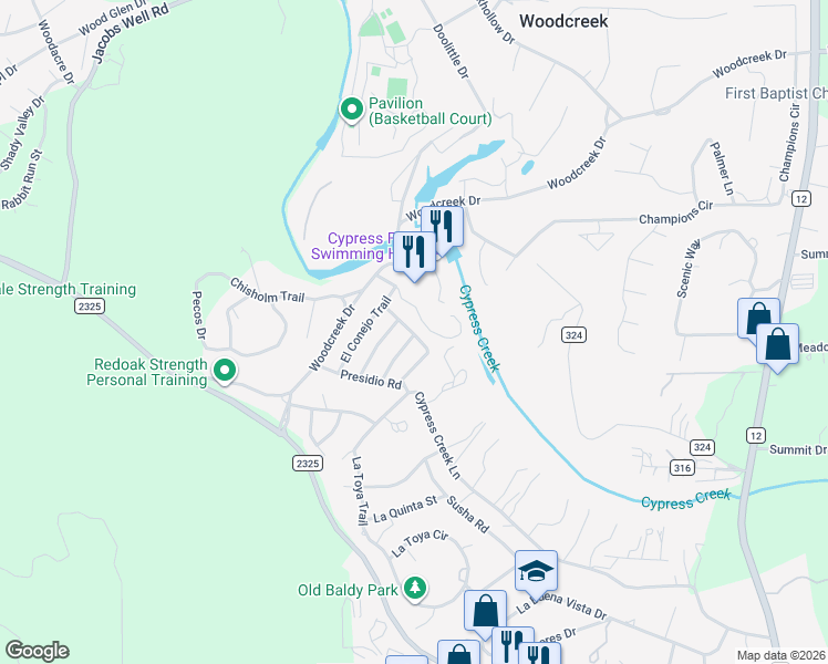 map of restaurants, bars, coffee shops, grocery stores, and more near 5 Presidio Road in Wimberley