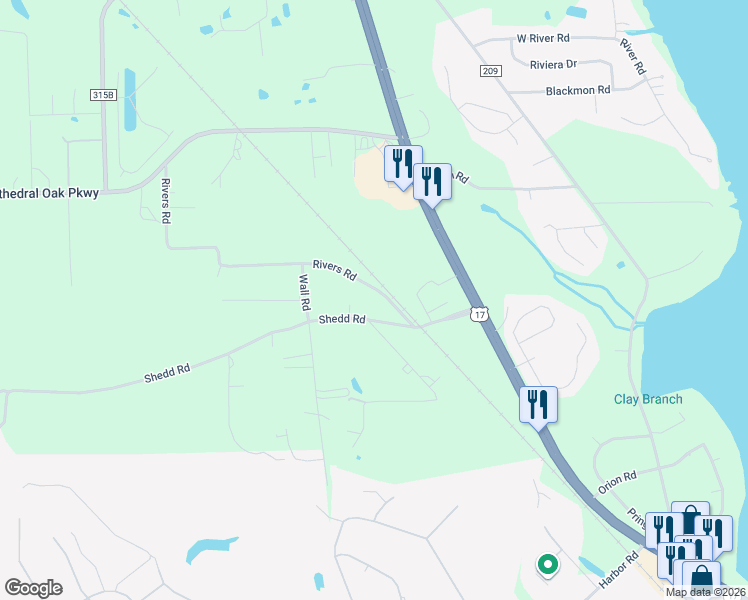 map of restaurants, bars, coffee shops, grocery stores, and more near 1477 Rivers Road in Green Cove Springs