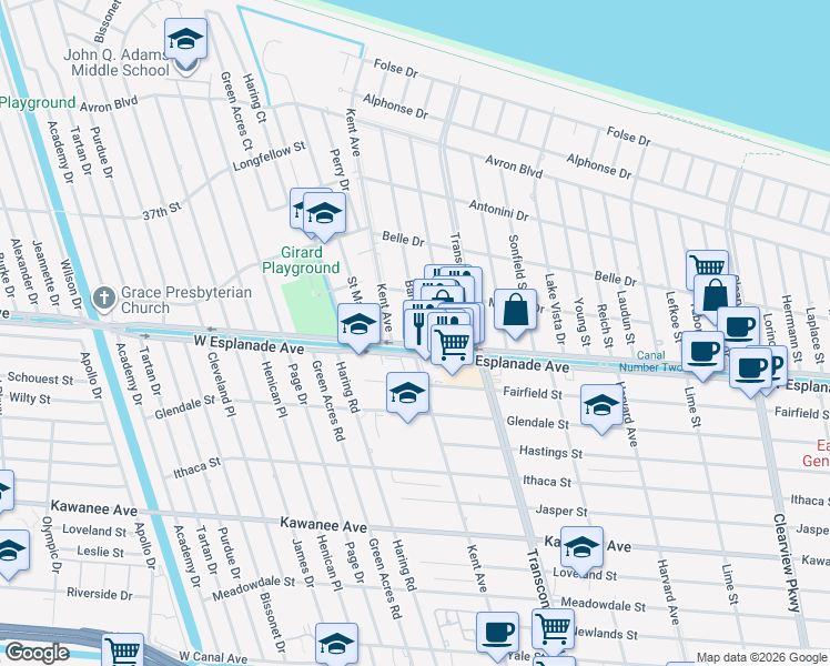 map of restaurants, bars, coffee shops, grocery stores, and more near 4413 Barnett Street in Metairie