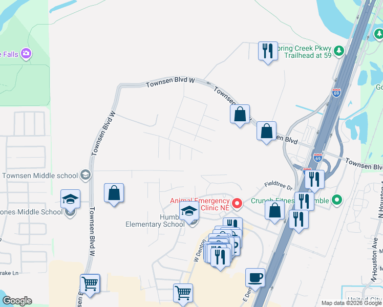 map of restaurants, bars, coffee shops, grocery stores, and more near 20598 Keats Court in Humble