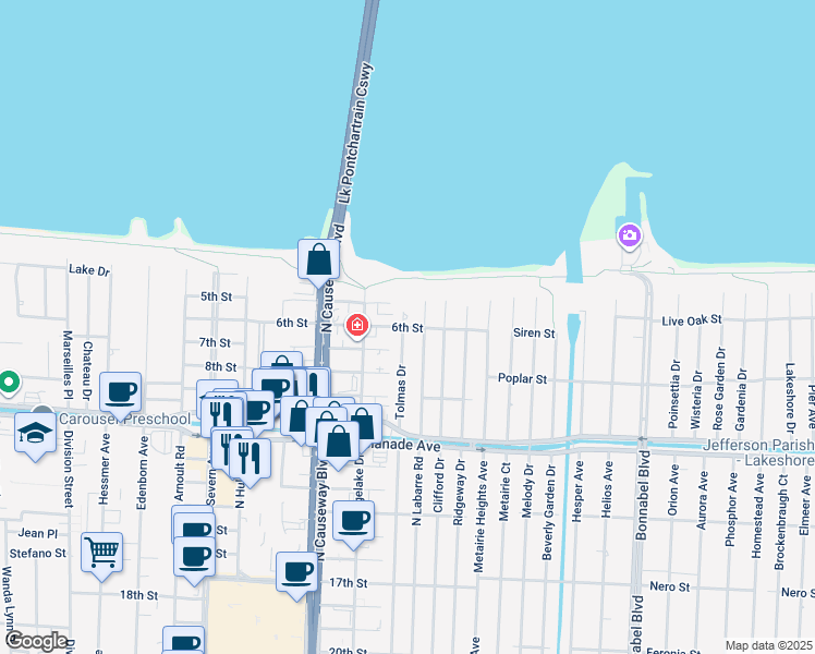 map of restaurants, bars, coffee shops, grocery stores, and more near 4001 Tolmas Drive in Metairie