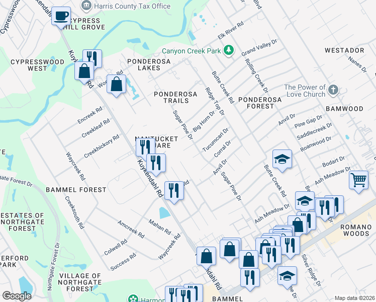 map of restaurants, bars, coffee shops, grocery stores, and more near 2014 Wagon Gap Trail in Houston