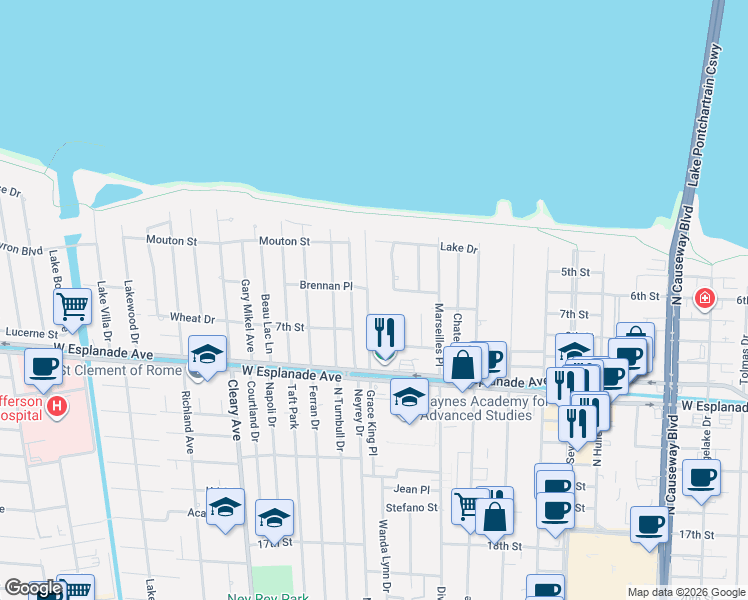 map of restaurants, bars, coffee shops, grocery stores, and more near 4624 Carthage Street in Metairie