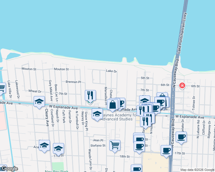 map of restaurants, bars, coffee shops, grocery stores, and more near 3708 Rue Emilion in Metairie