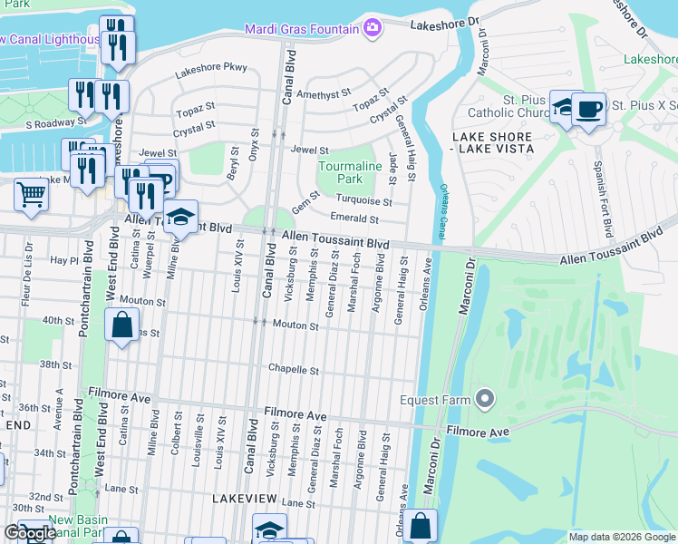 map of restaurants, bars, coffee shops, grocery stores, and more near 822 Conrad Street in New Orleans