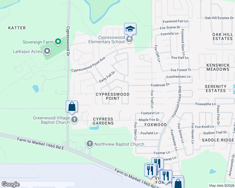 map of restaurants, bars, coffee shops, grocery stores, and more near 20519 Viola Dale Court in Humble