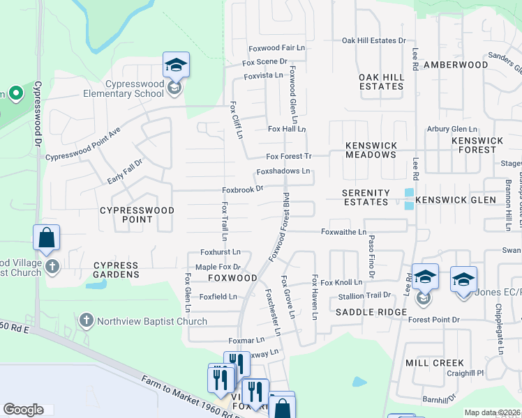 map of restaurants, bars, coffee shops, grocery stores, and more near 7210 Foxtail Meadow in Humble