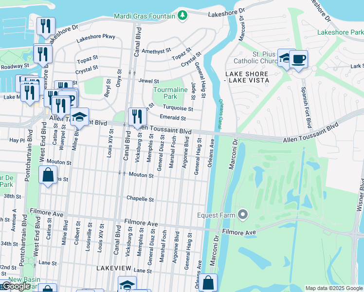 map of restaurants, bars, coffee shops, grocery stores, and more near 7033 Marshal Foch in New Orleans