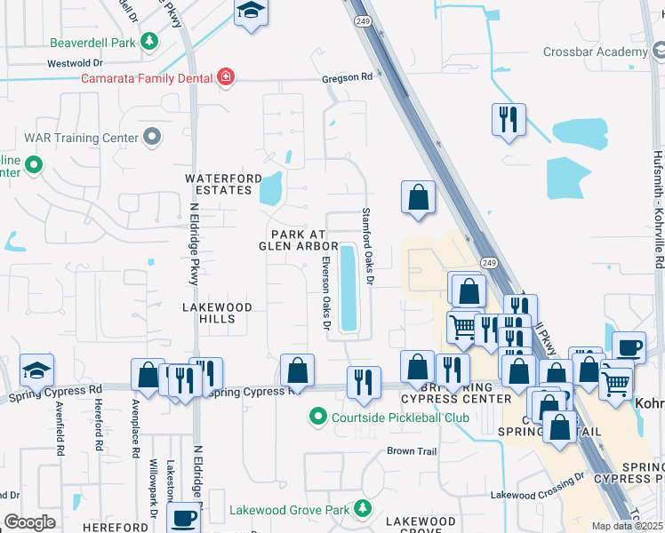 map of restaurants, bars, coffee shops, grocery stores, and more near 17422 Elverson Oaks Drive in Tomball