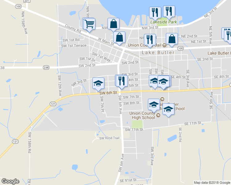 map of restaurants, bars, coffee shops, grocery stores, and more near 636 Southwest 6th Street in Lake Butler