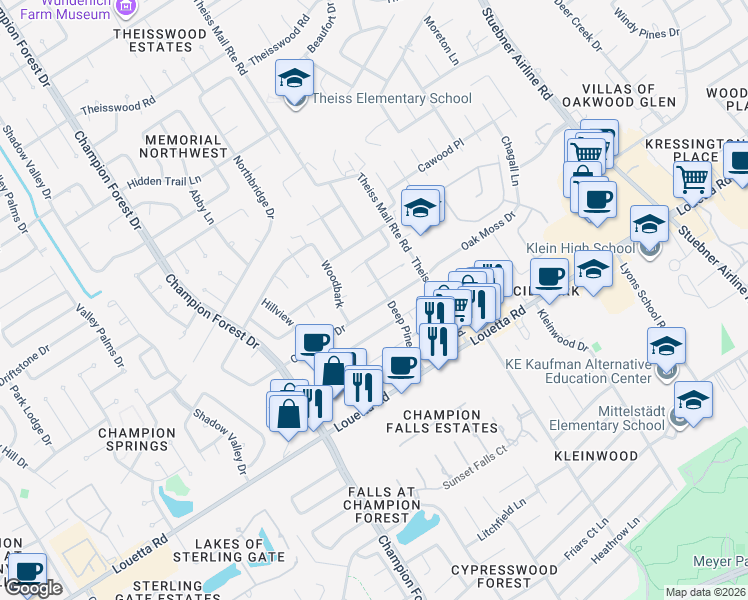 map of restaurants, bars, coffee shops, grocery stores, and more near 8006 Oak Moss Drive in Spring