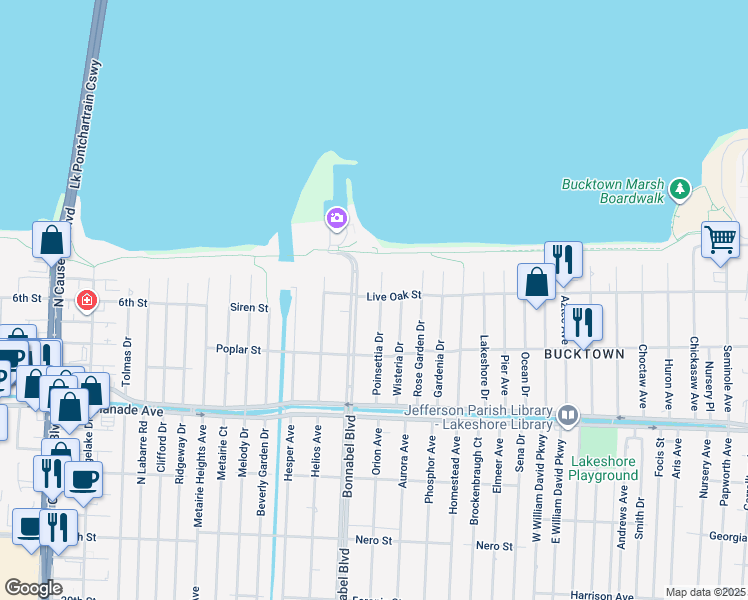 map of restaurants, bars, coffee shops, grocery stores, and more near 1456 Poinsettia Drive in Metairie