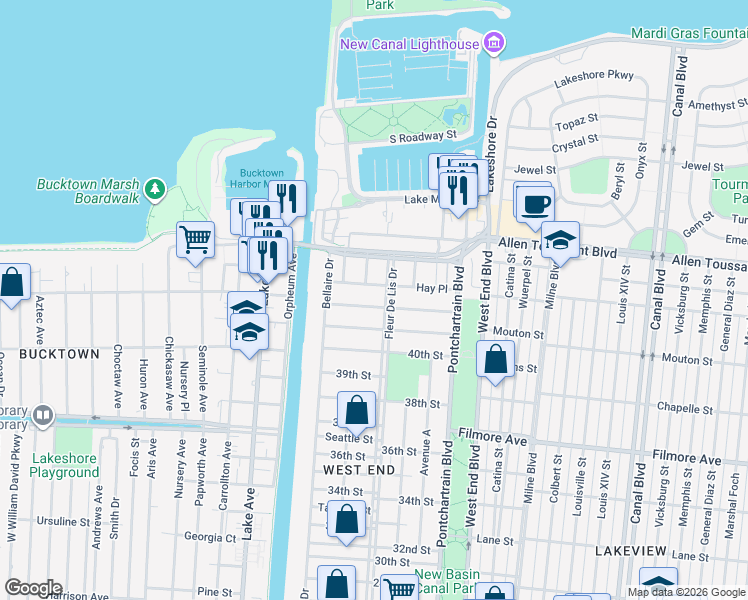 map of restaurants, bars, coffee shops, grocery stores, and more near 317 Stafford Place in New Orleans