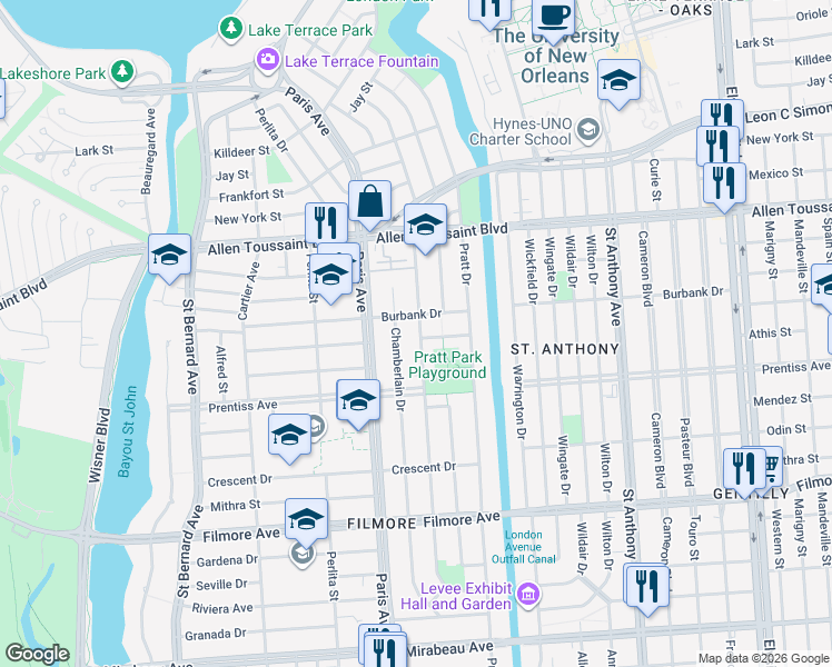 map of restaurants, bars, coffee shops, grocery stores, and more near 5910 Chatham Drive in New Orleans