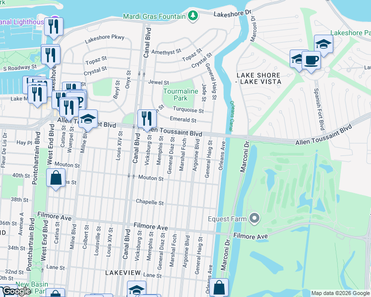 map of restaurants, bars, coffee shops, grocery stores, and more near 7033 Marshal Foch in New Orleans