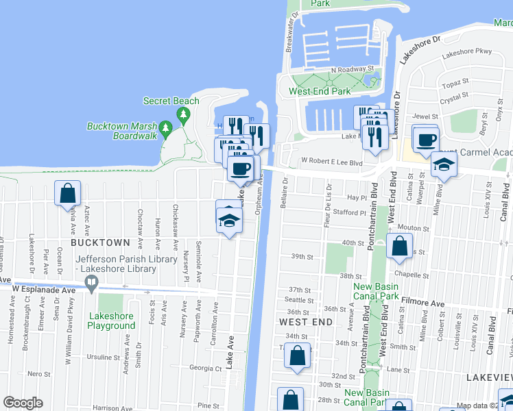 map of restaurants, bars, coffee shops, grocery stores, and more near 101 Live Oak Street in Metairie