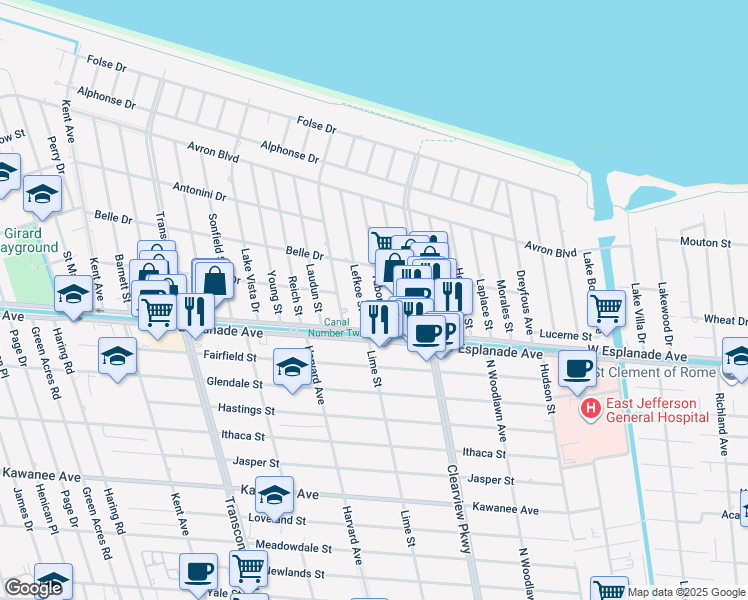 map of restaurants, bars, coffee shops, grocery stores, and more near 4516 Tabony Street in Metairie