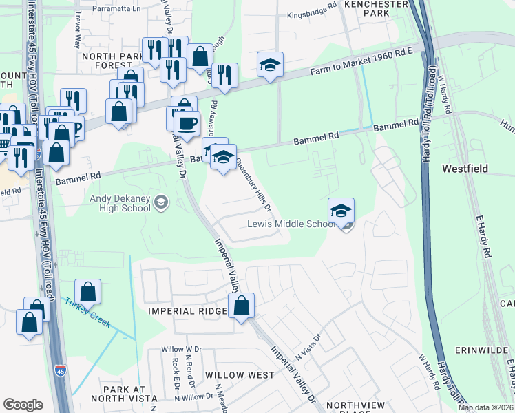 map of restaurants, bars, coffee shops, grocery stores, and more near 1035 Doubletree Glen Drive in Houston