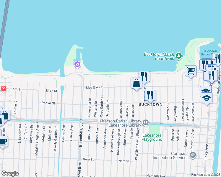 map of restaurants, bars, coffee shops, grocery stores, and more near 1453 Gardenia Drive in Metairie