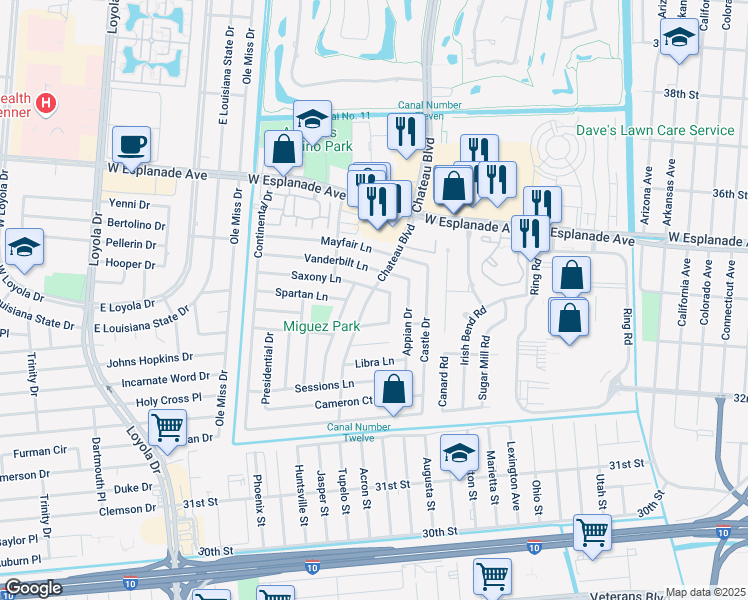 map of restaurants, bars, coffee shops, grocery stores, and more near 3312 Chateau Boulevard in Kenner