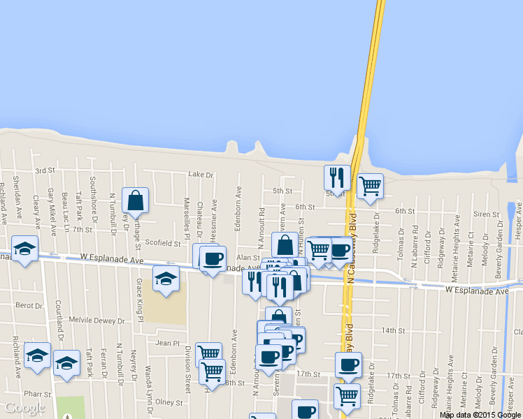 map of restaurants, bars, coffee shops, grocery stores, and more near 3812 North Arnoult Road in Metairie