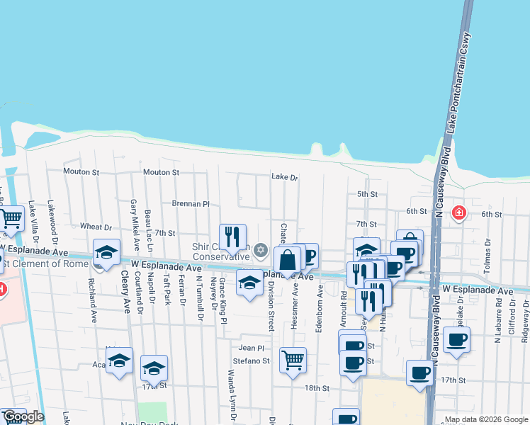 map of restaurants, bars, coffee shops, grocery stores, and more near 3708 Rue Emilion in Metairie