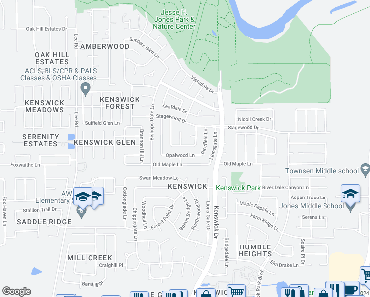 map of restaurants, bars, coffee shops, grocery stores, and more near 8402 Carmelwood Lane in Humble