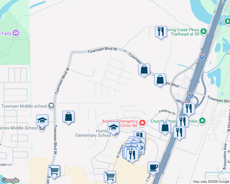 map of restaurants, bars, coffee shops, grocery stores, and more near 20598 Keats Court in Humble