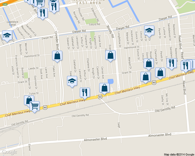 map of restaurants, bars, coffee shops, grocery stores, and more near 4565 Camelot Drive in New Orleans