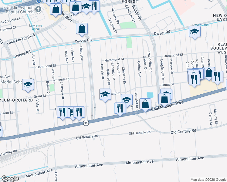 map of restaurants, bars, coffee shops, grocery stores, and more near 4610 Lancelot Drive in New Orleans