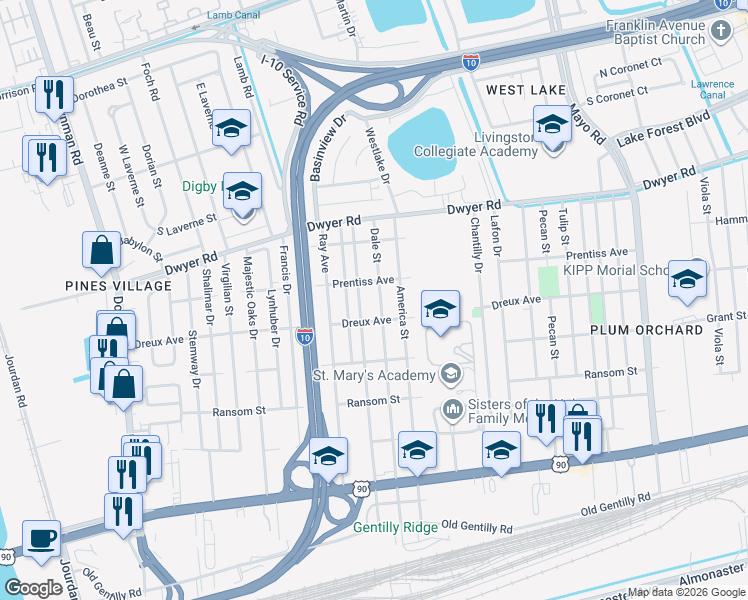 map of restaurants, bars, coffee shops, grocery stores, and more near 4634 Dale Street in New Orleans