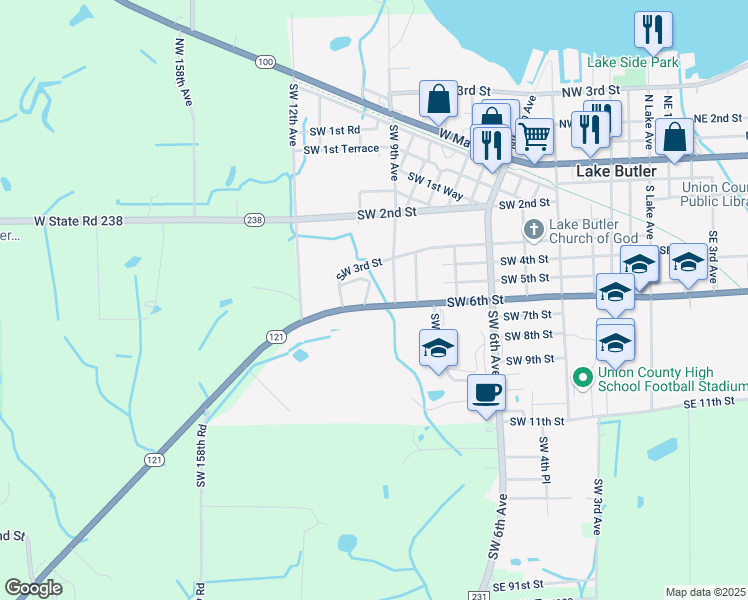 map of restaurants, bars, coffee shops, grocery stores, and more near 504 Southwest 6th Street in Lake Butler