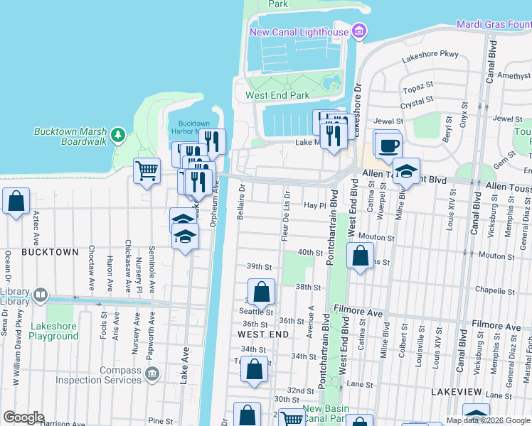 map of restaurants, bars, coffee shops, grocery stores, and more near 317 Stafford Place in New Orleans