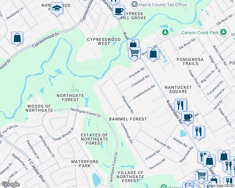 map of restaurants, bars, coffee shops, grocery stores, and more near 16903 Waycreek Road in Houston